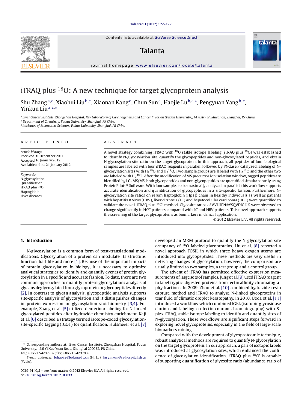 iTRAQ plus 18O: A new technique for target glycoprotein analysis