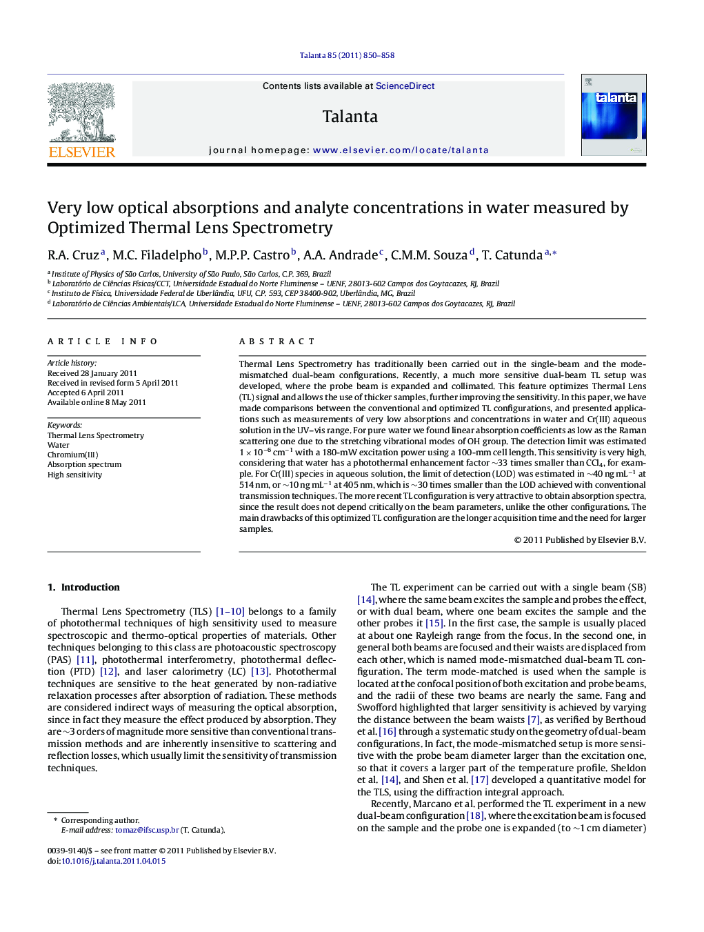 Very low optical absorptions and analyte concentrations in water measured by Optimized Thermal Lens Spectrometry