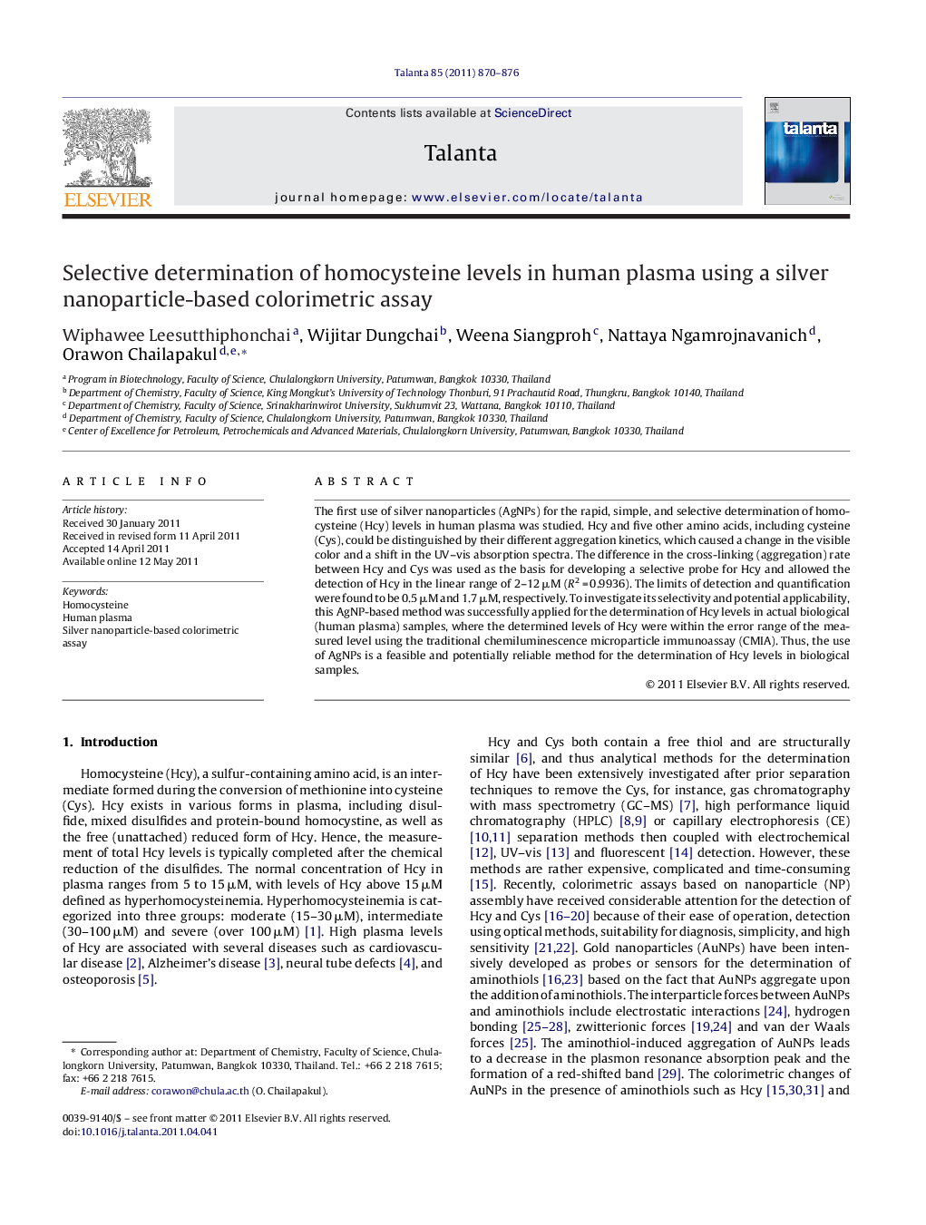 Selective determination of homocysteine levels in human plasma using a silver nanoparticle-based colorimetric assay