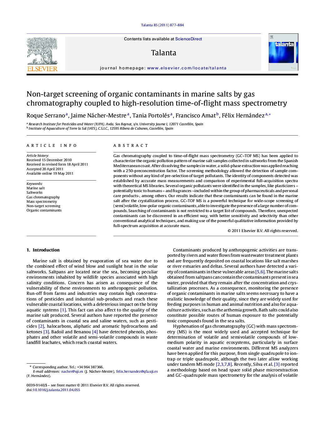 Non-target screening of organic contaminants in marine salts by gas chromatography coupled to high-resolution time-of-flight mass spectrometry