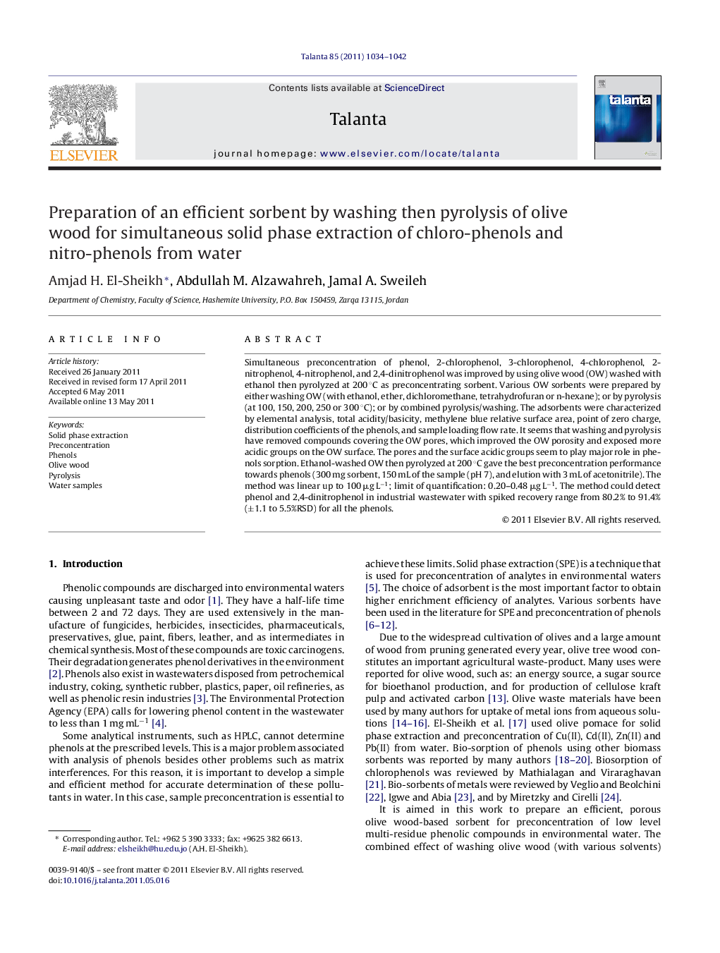 Preparation of an efficient sorbent by washing then pyrolysis of olive wood for simultaneous solid phase extraction of chloro-phenols and nitro-phenols from water