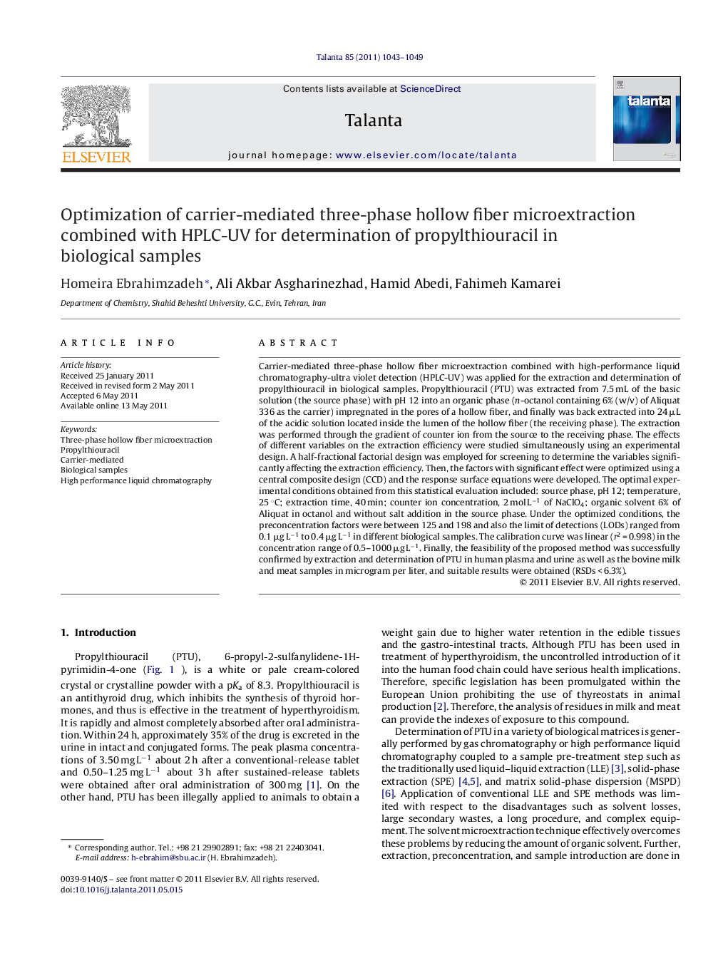 Optimization of carrier-mediated three-phase hollow fiber microextraction combined with HPLC-UV for determination of propylthiouracil in biological samples