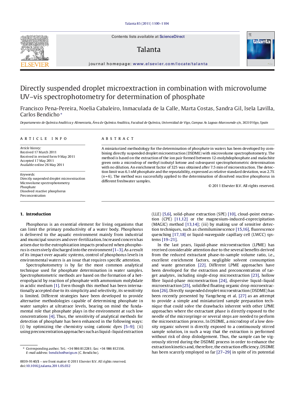 Directly suspended droplet microextraction in combination with microvolume UV–vis spectrophotometry for determination of phosphate