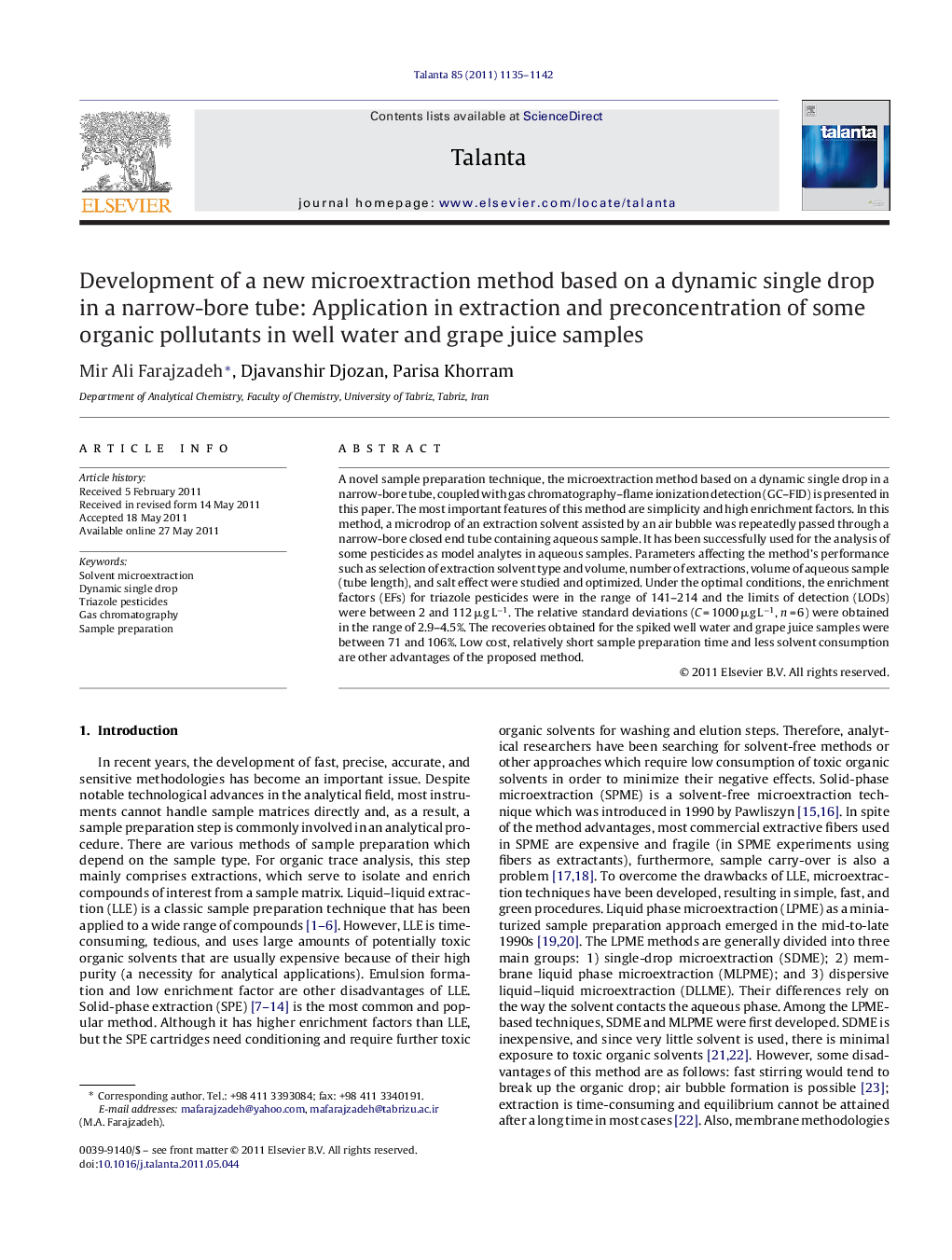 Development of a new microextraction method based on a dynamic single drop in a narrow-bore tube: Application in extraction and preconcentration of some organic pollutants in well water and grape juice samples