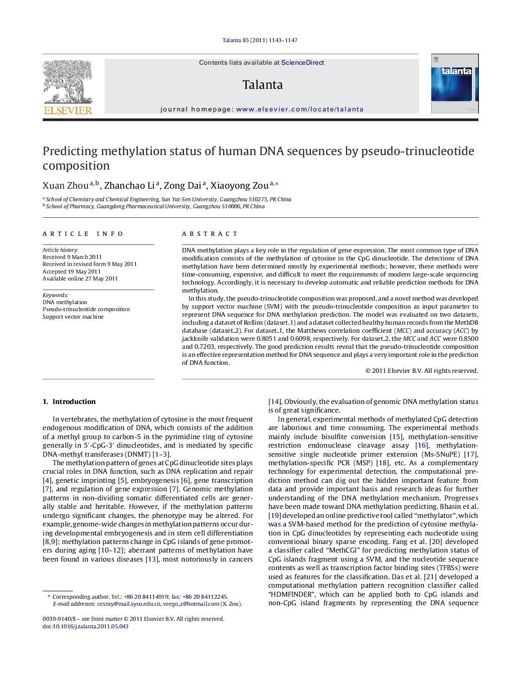 Predicting methylation status of human DNA sequences by pseudo-trinucleotide composition