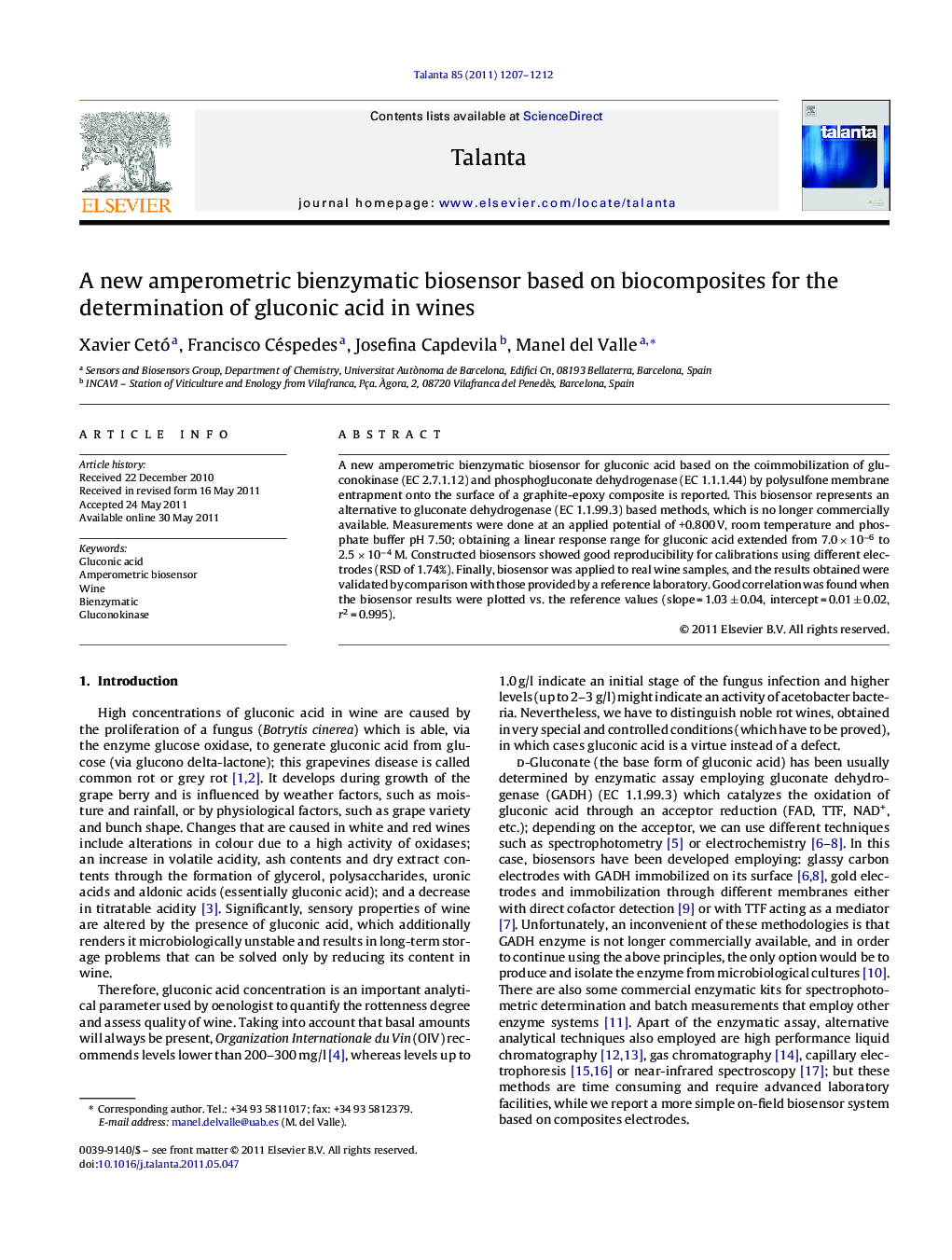 A new amperometric bienzymatic biosensor based on biocomposites for the determination of gluconic acid in wines