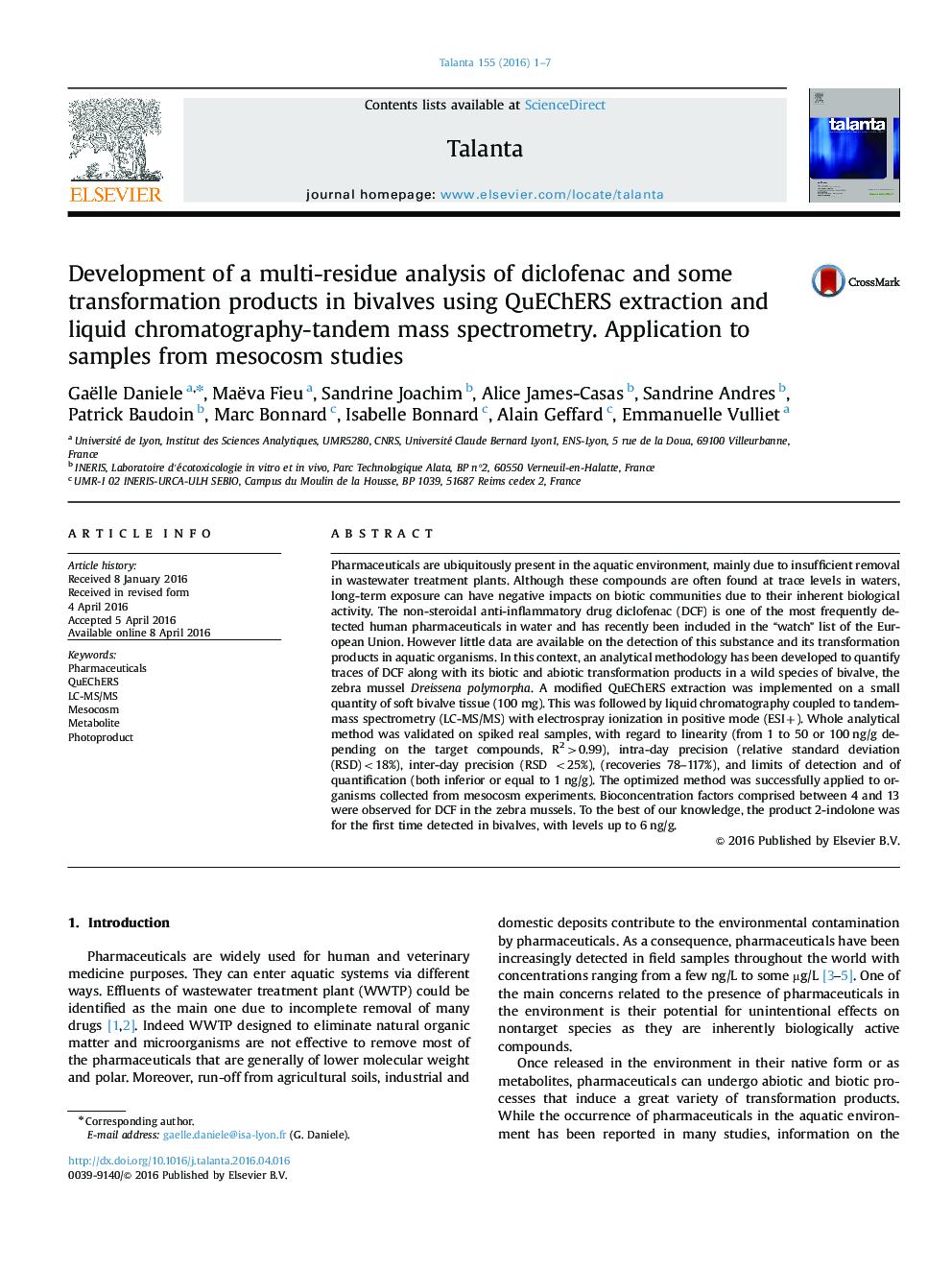 Development of a multi-residue analysis of diclofenac and some transformation products in bivalves using QuEChERS extraction and liquid chromatography-tandem mass spectrometry. Application to samples from mesocosm studies