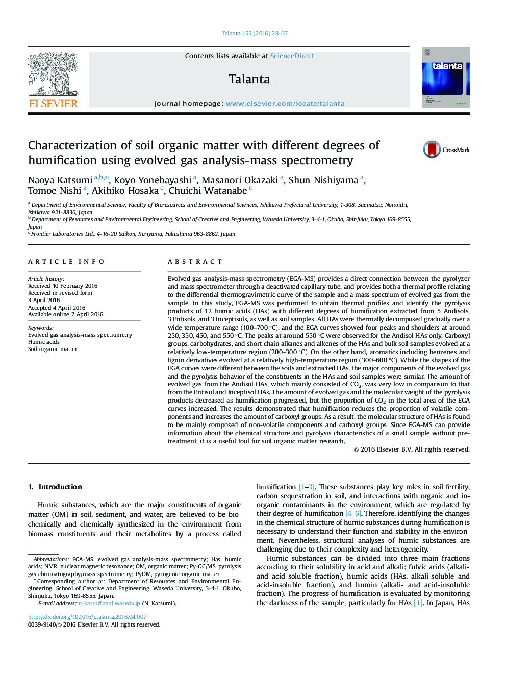 Characterization of soil organic matter with different degrees of humification using evolved gas analysis-mass spectrometry