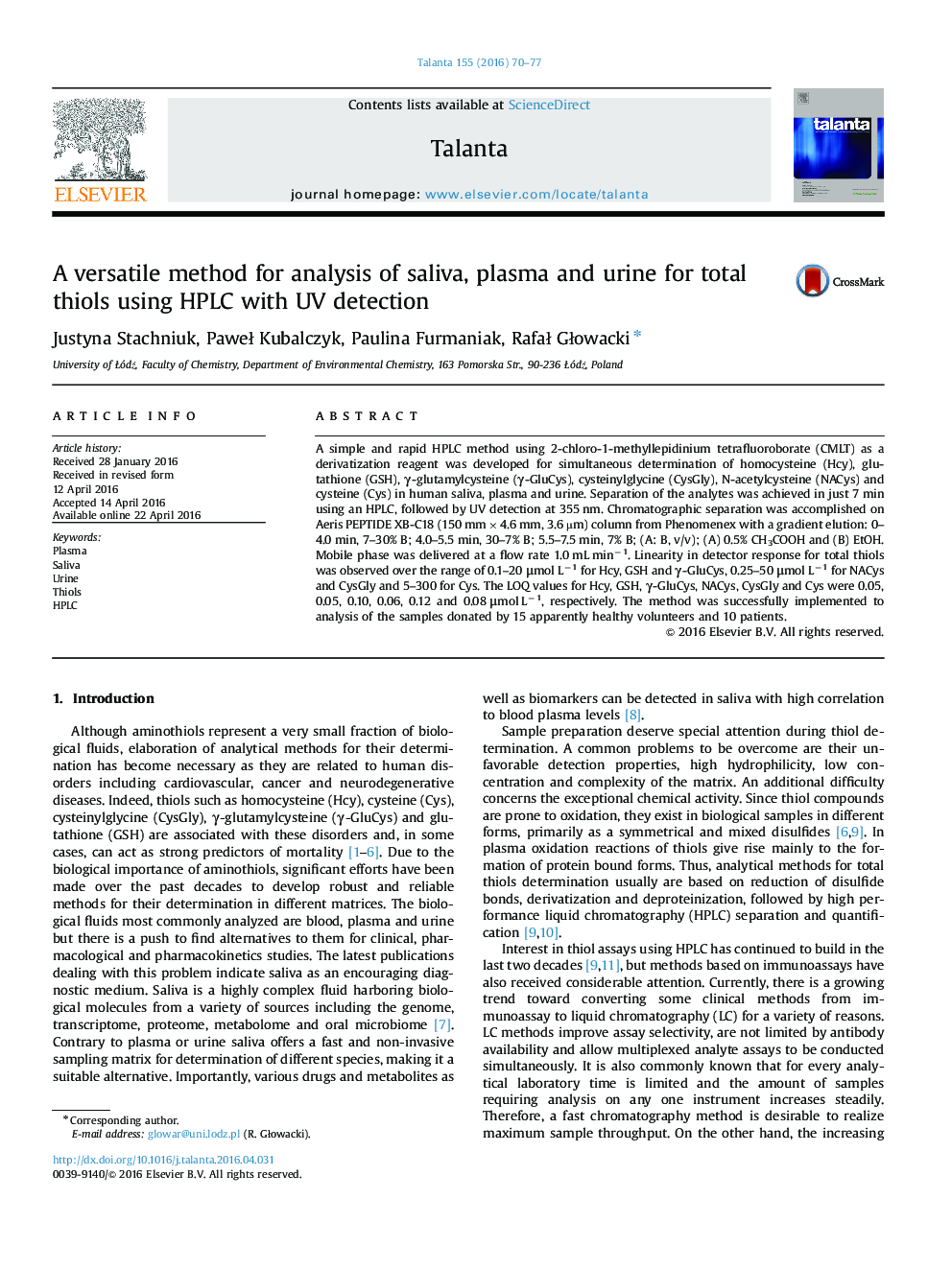 A versatile method for analysis of saliva, plasma and urine for total thiols using HPLC with UV detection