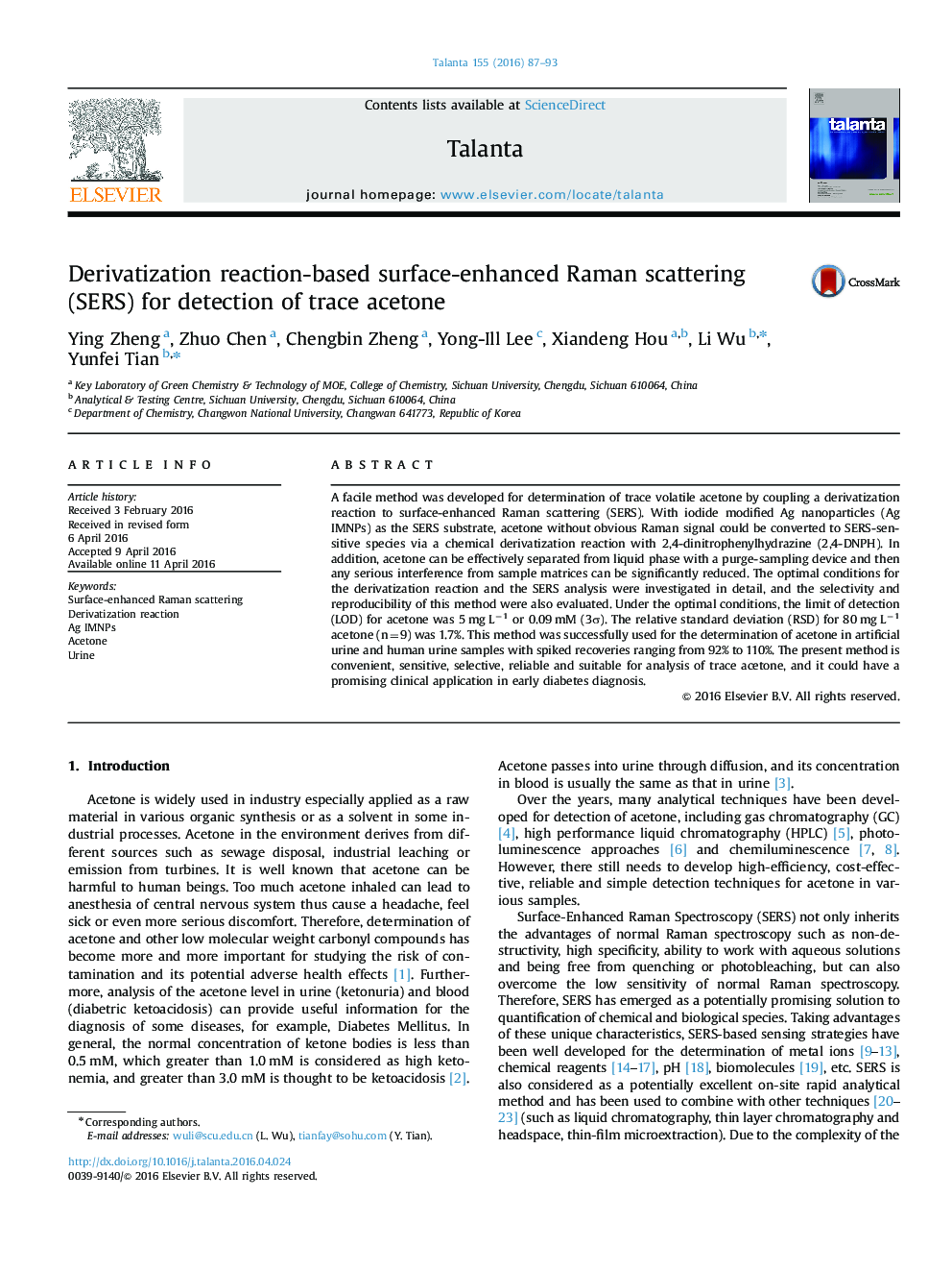 Derivatization reaction-based surface-enhanced Raman scattering (SERS) for detection of trace acetone