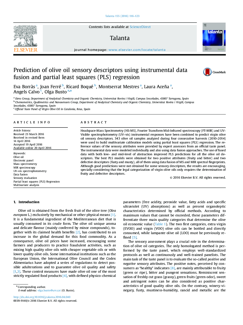 Prediction of olive oil sensory descriptors using instrumental data fusion and partial least squares (PLS) regression