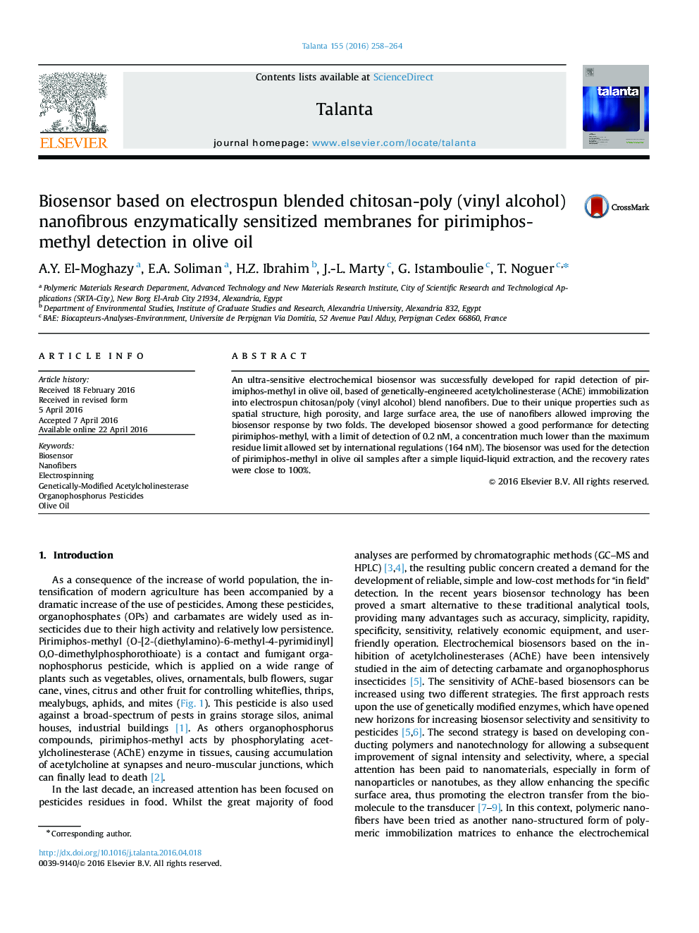 Biosensor based on electrospun blended chitosan-poly (vinyl alcohol) nanofibrous enzymatically sensitized membranes for pirimiphos-methyl detection in olive oil