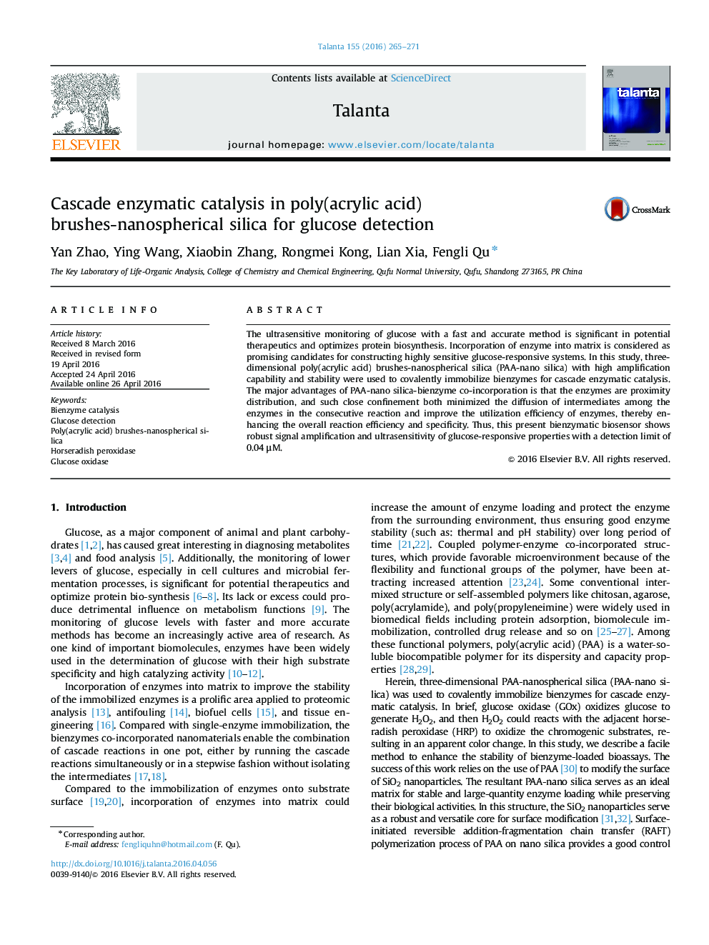 کاتالیزور کاتالیززی آنزیمی در پلی کربنات (اسید اکریلیک)، سیلیکا نانوسایل برای تشخیص گلوکز 