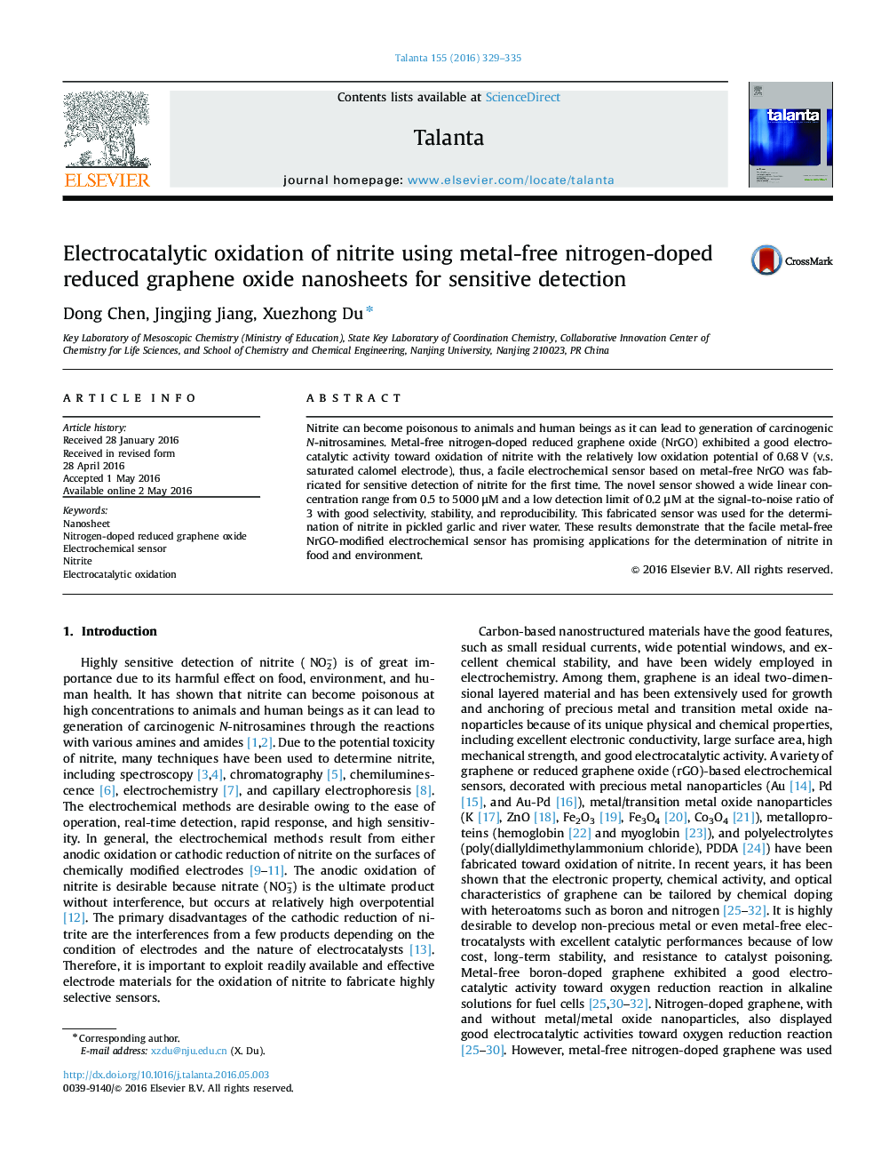 Electrocatalytic oxidation of nitrite using metal-free nitrogen-doped reduced graphene oxide nanosheets for sensitive detection