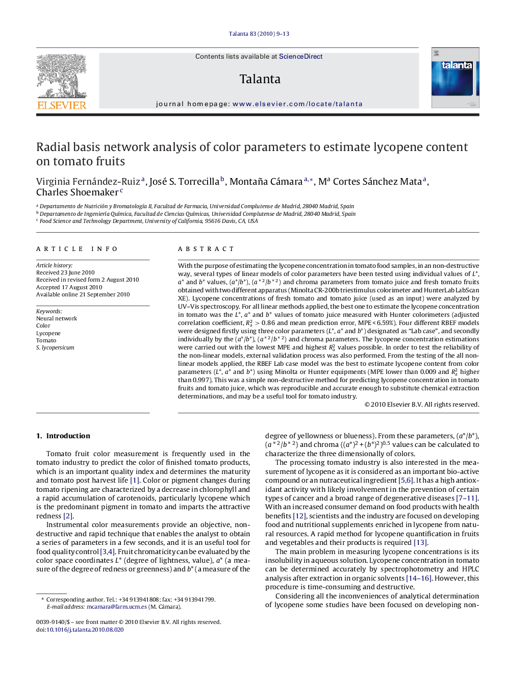 Radial basis network analysis of color parameters to estimate lycopene content on tomato fruits