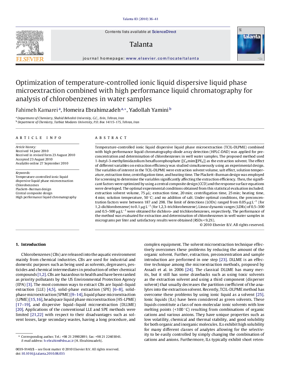 Optimization of temperature-controlled ionic liquid dispersive liquid phase microextraction combined with high performance liquid chromatography for analysis of chlorobenzenes in water samples