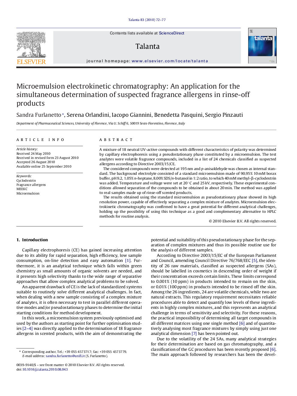 Microemulsion electrokinetic chromatography: An application for the simultaneous determination of suspected fragrance allergens in rinse-off products