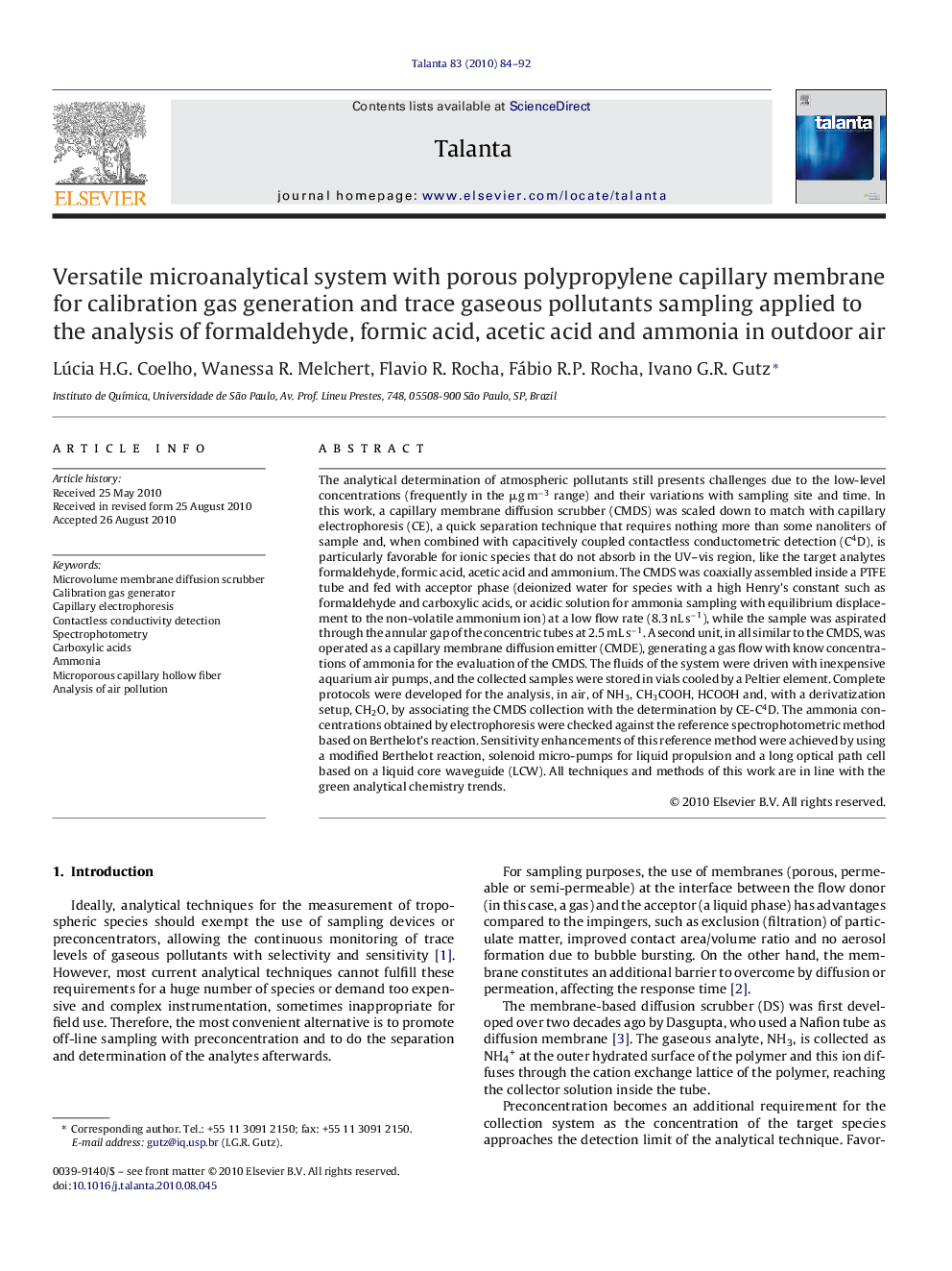 Versatile microanalytical system with porous polypropylene capillary membrane for calibration gas generation and trace gaseous pollutants sampling applied to the analysis of formaldehyde, formic acid, acetic acid and ammonia in outdoor air