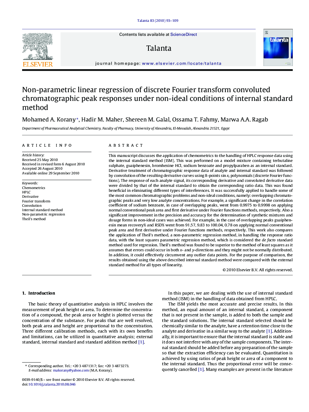 Non-parametric linear regression of discrete Fourier transform convoluted chromatographic peak responses under non-ideal conditions of internal standard method