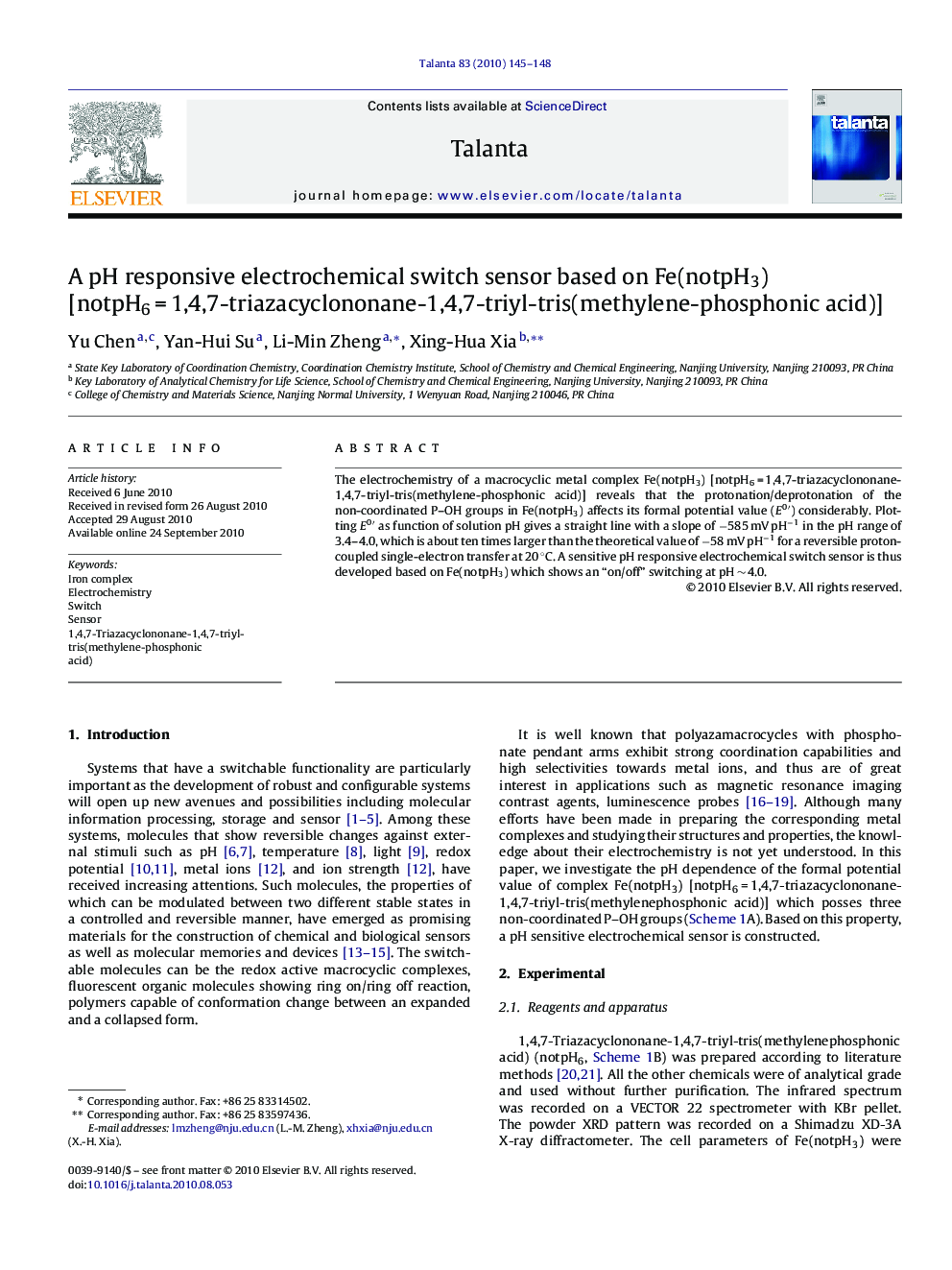 A pH responsive electrochemical switch sensor based on Fe(notpH3) [notpH6 = 1,4,7-triazacyclononane-1,4,7-triyl-tris(methylene-phosphonic acid)]