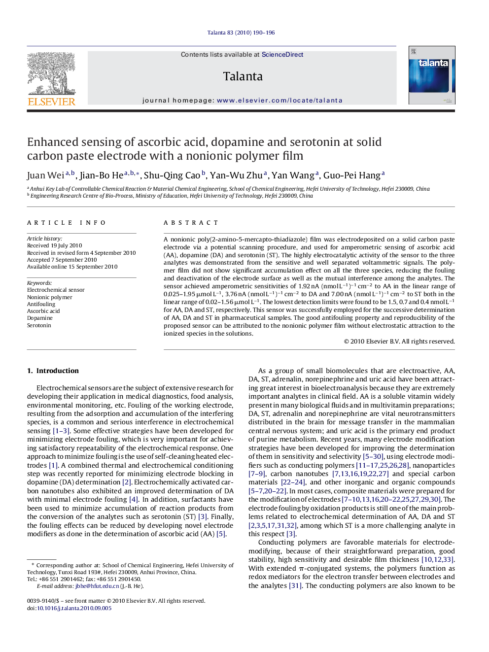 Enhanced sensing of ascorbic acid, dopamine and serotonin at solid carbon paste electrode with a nonionic polymer film