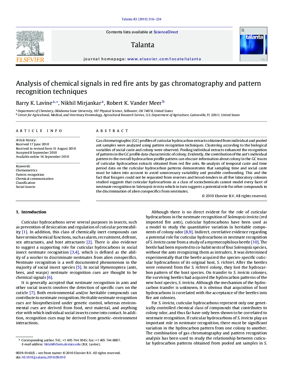 Analysis of chemical signals in red fire ants by gas chromatography and pattern recognition techniques