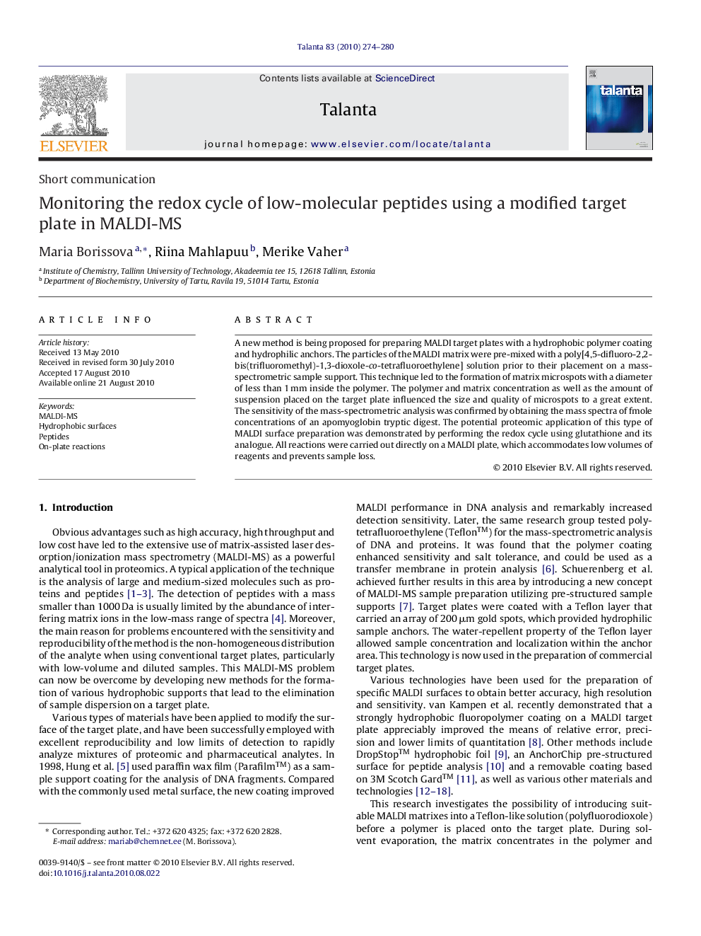 Monitoring the redox cycle of low-molecular peptides using a modified target plate in MALDI-MS