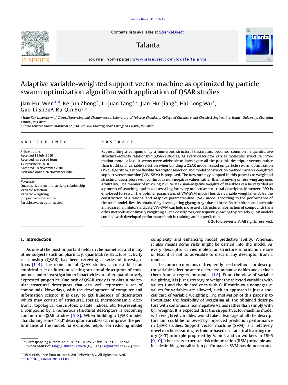 Adaptive variable-weighted support vector machine as optimized by particle swarm optimization algorithm with application of QSAR studies