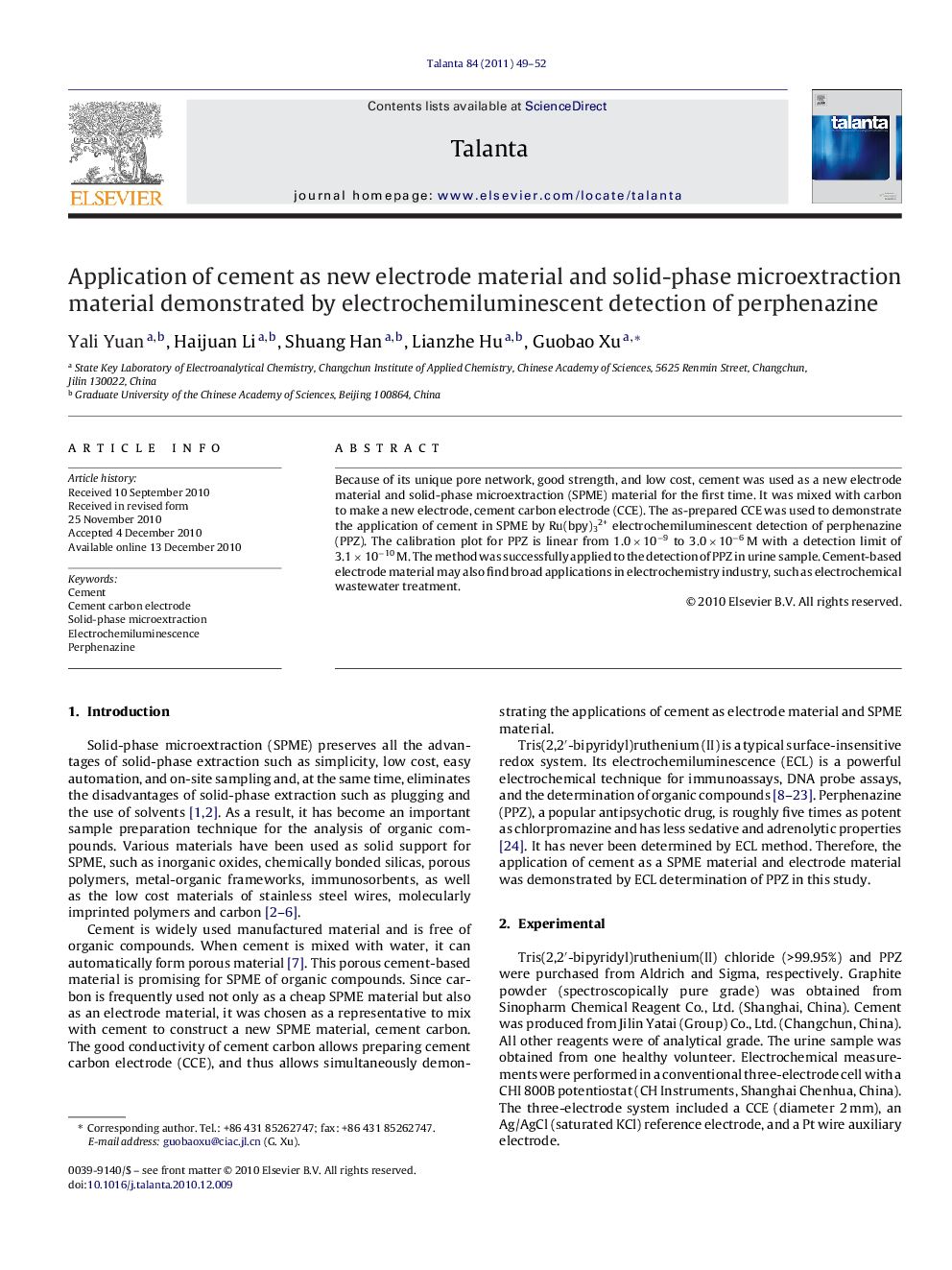 Application of cement as new electrode material and solid-phase microextraction material demonstrated by electrochemiluminescent detection of perphenazine