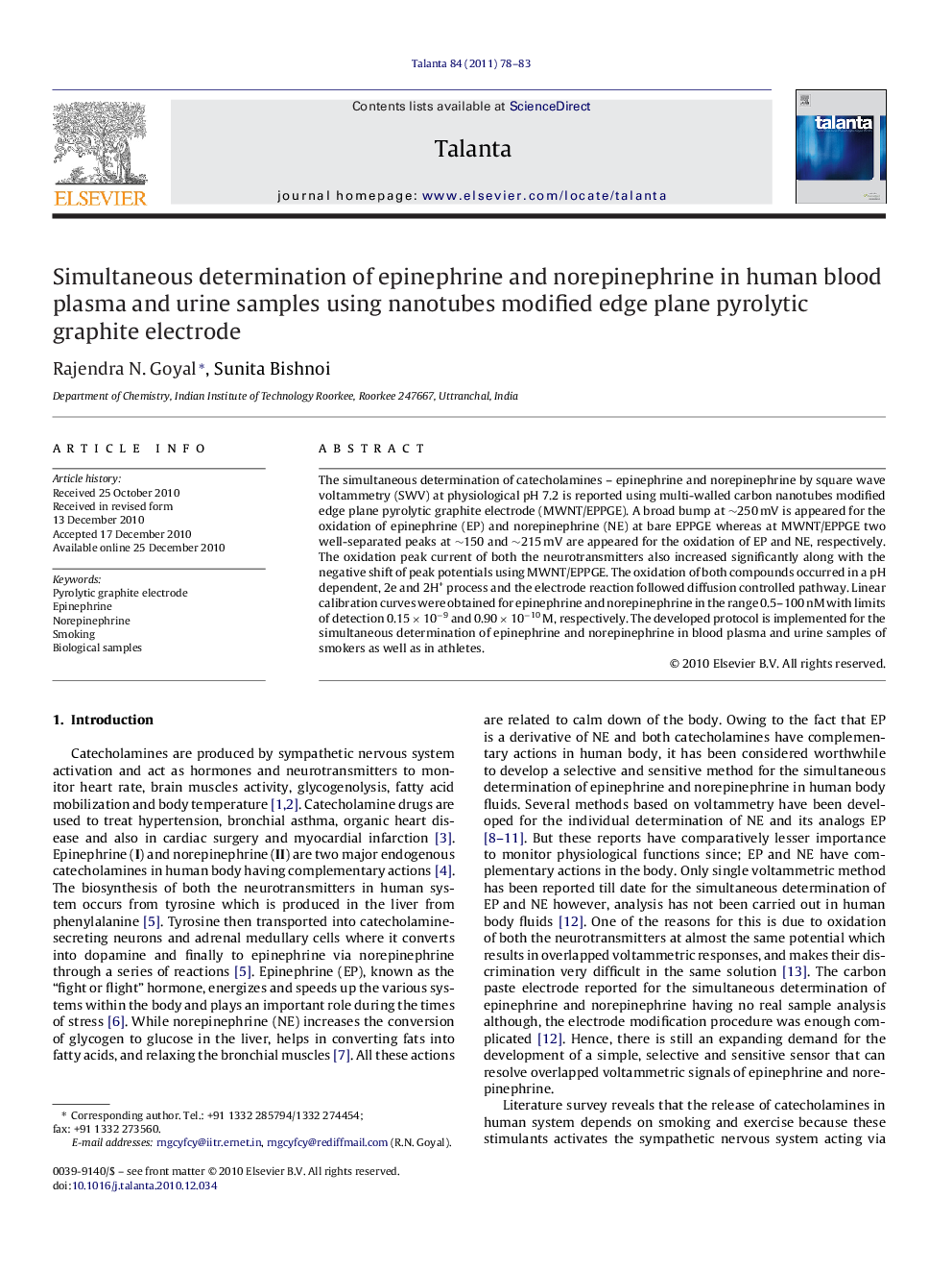 Simultaneous determination of epinephrine and norepinephrine in human blood plasma and urine samples using nanotubes modified edge plane pyrolytic graphite electrode