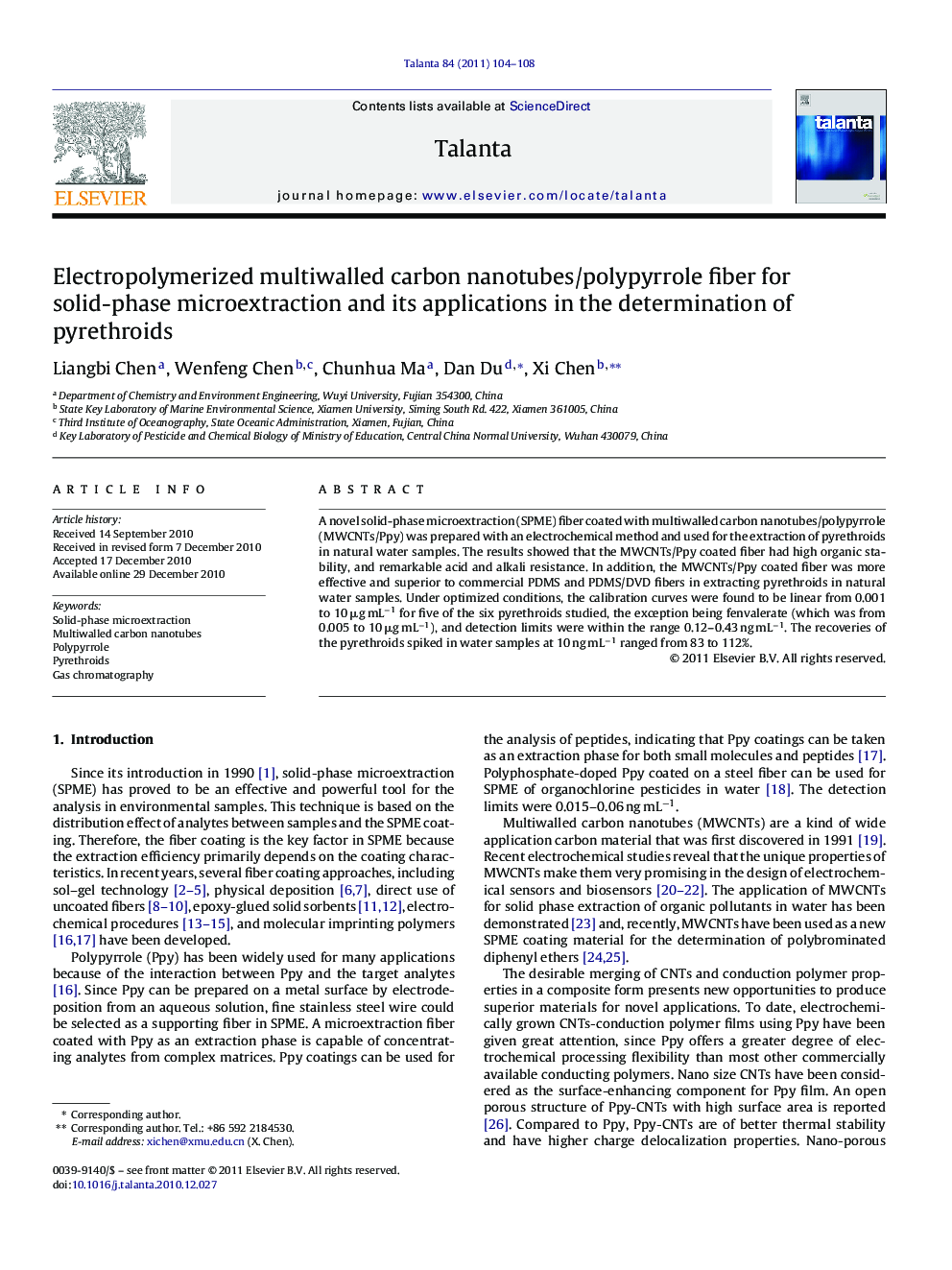 Electropolymerized multiwalled carbon nanotubes/polypyrrole fiber for solid-phase microextraction and its applications in the determination of pyrethroids