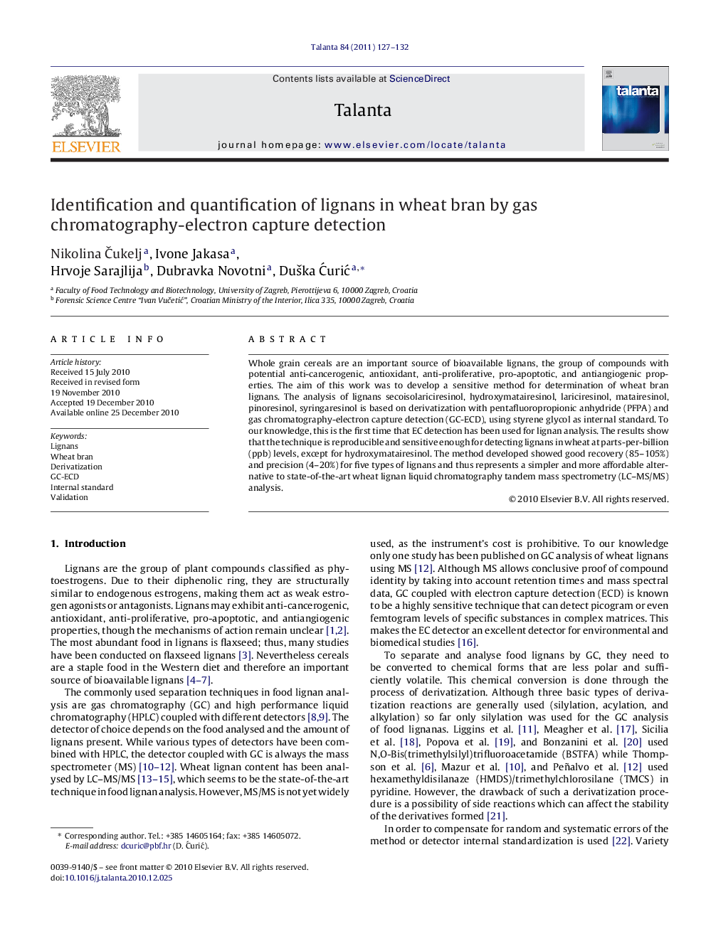 Identification and quantification of lignans in wheat bran by gas chromatography-electron capture detection