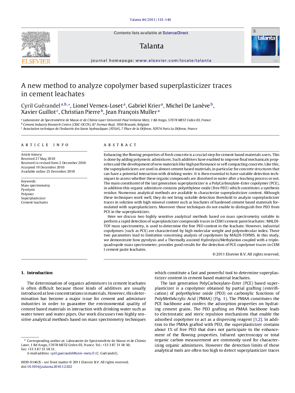 A new method to analyze copolymer based superplasticizer traces in cement leachates