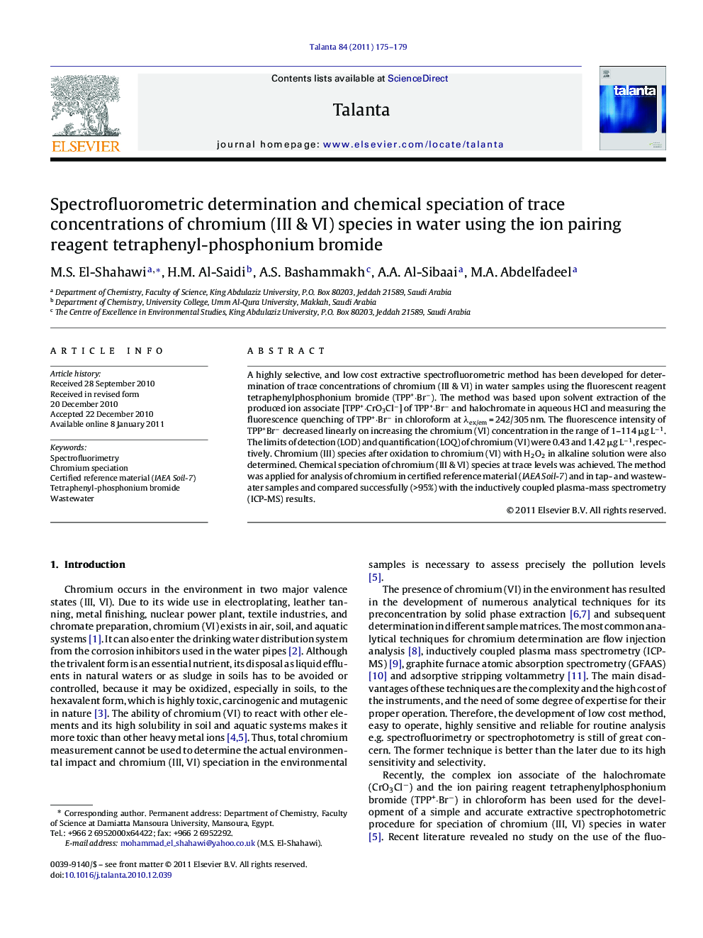 Spectrofluorometric determination and chemical speciation of trace concentrations of chromium (III & VI) species in water using the ion pairing reagent tetraphenyl-phosphonium bromide