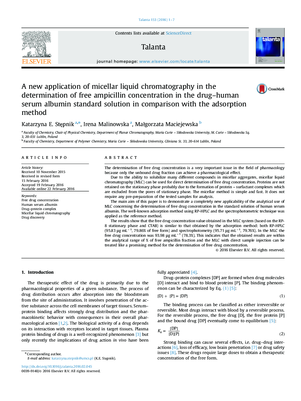 A new application of micellar liquid chromatography in the determination of free ampicillin concentration in the drug–human serum albumin standard solution in comparison with the adsorption method