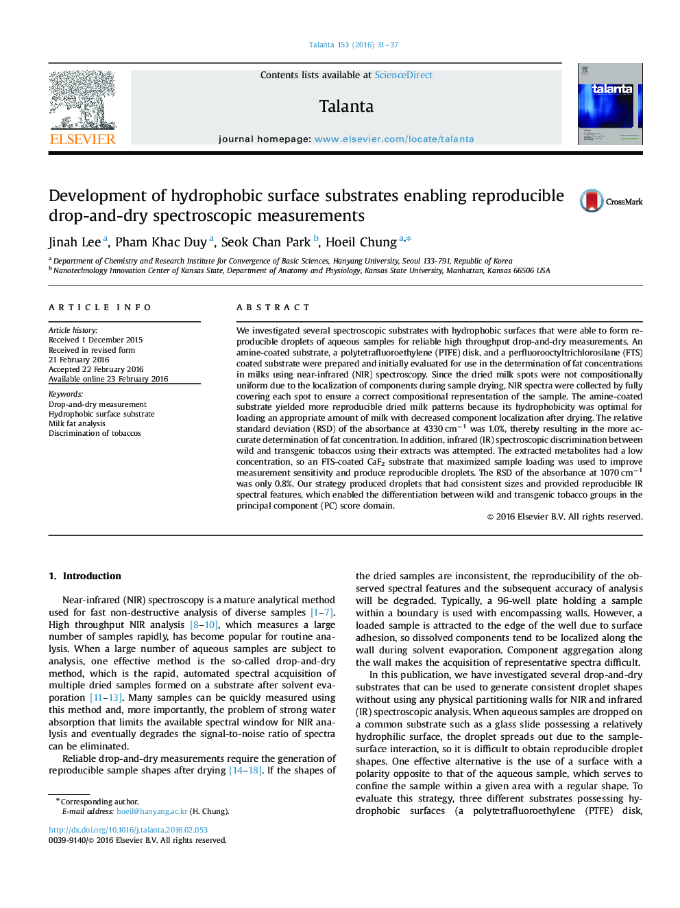 Development of hydrophobic surface substrates enabling reproducible drop-and-dry spectroscopic measurements