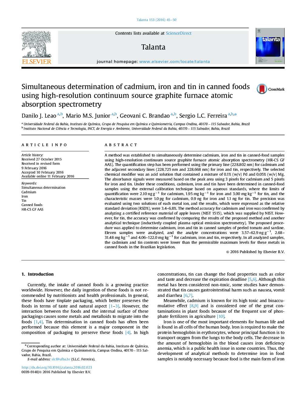 Simultaneous determination of cadmium, iron and tin in canned foods using high-resolution continuum source graphite furnace atomic absorption spectrometry