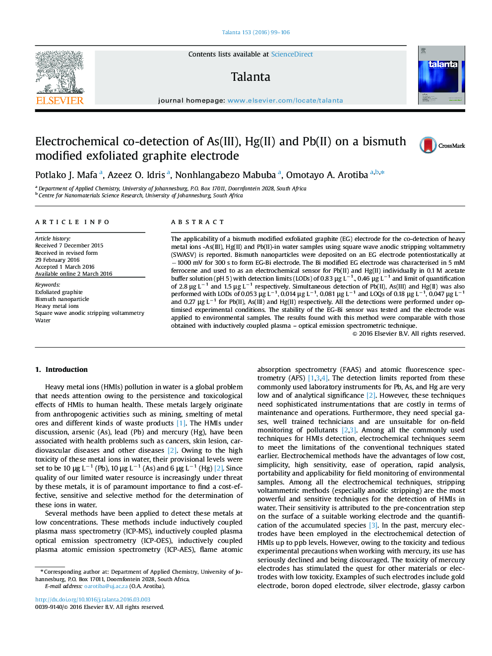 Electrochemical co-detection of As(III), Hg(II) and Pb(II) on a bismuth modified exfoliated graphite electrode