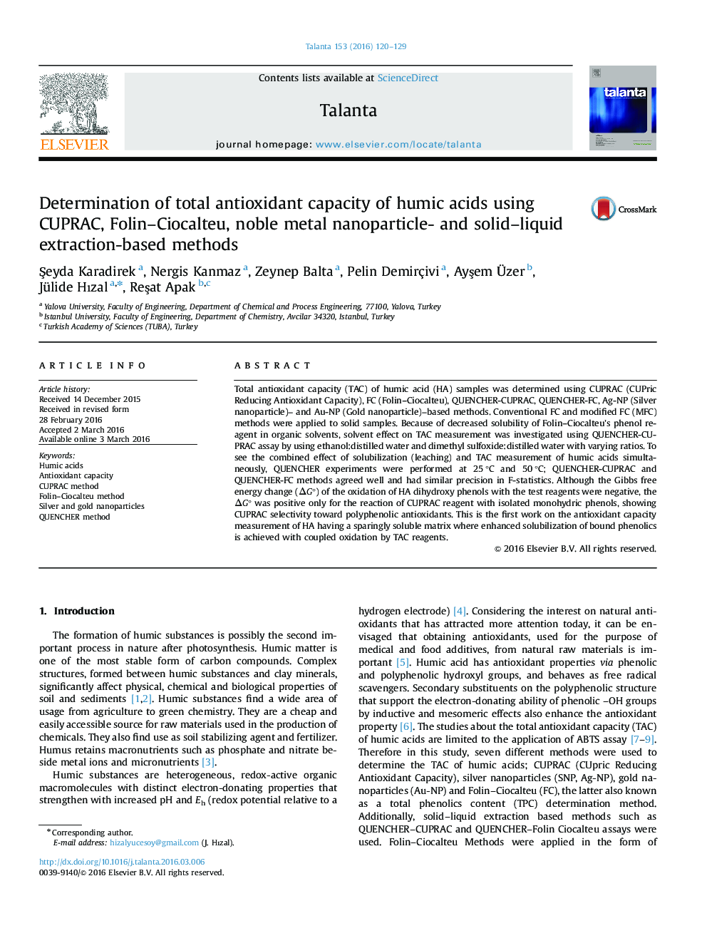 Determination of total antioxidant capacity of humic acids using CUPRAC, Folin–Ciocalteu, noble metal nanoparticle- and solid–liquid extraction-based methods