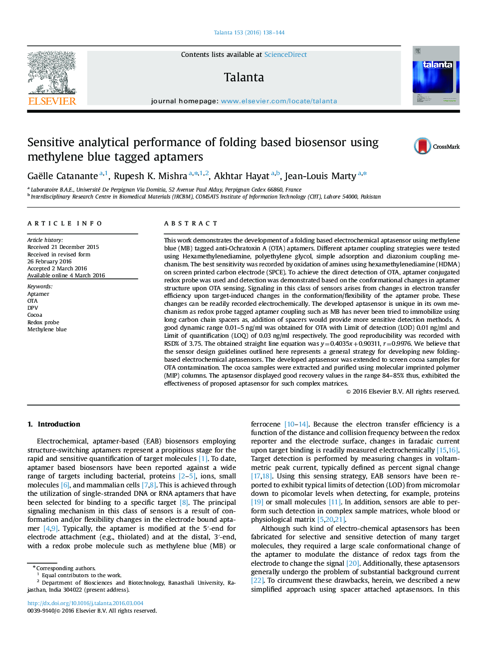 Sensitive analytical performance of folding based biosensor using methylene blue tagged aptamers