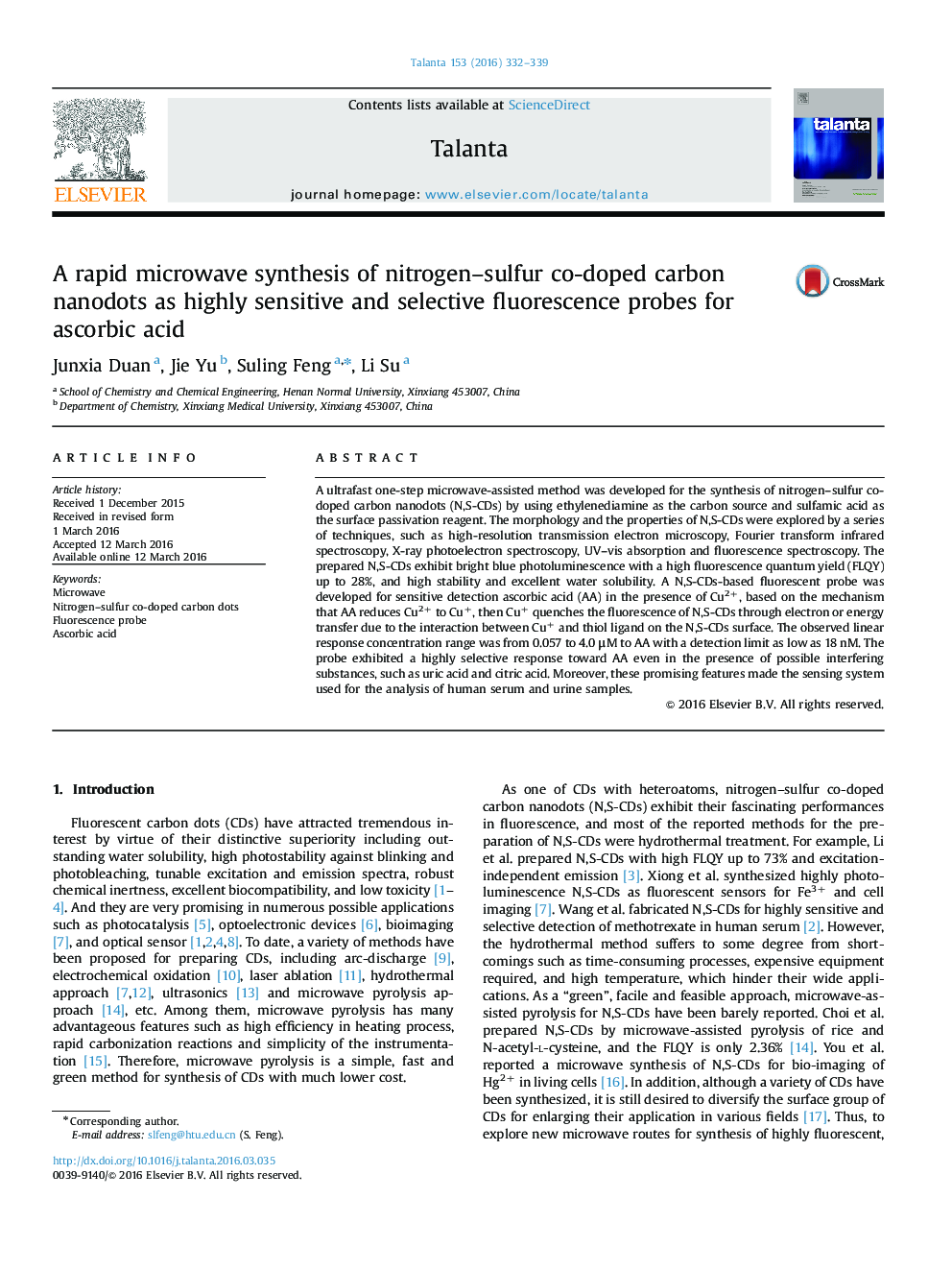 A rapid microwave synthesis of nitrogen–sulfur co-doped carbon nanodots as highly sensitive and selective fluorescence probes for ascorbic acid