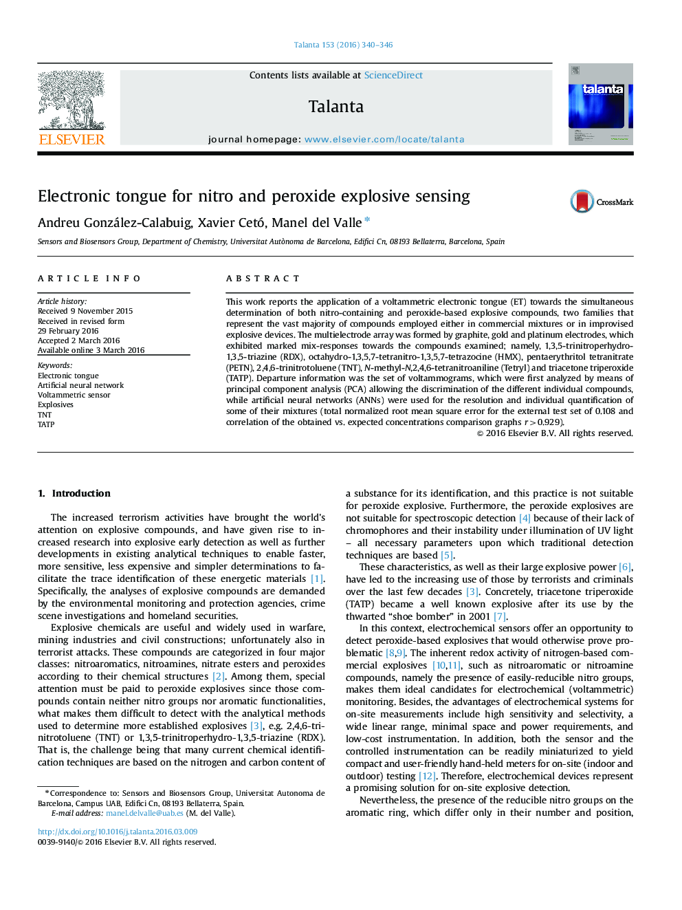 Electronic tongue for nitro and peroxide explosive sensing