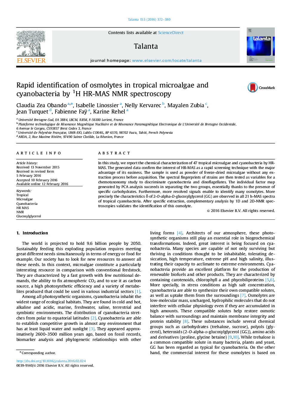 Rapid identification of osmolytes in tropical microalgae and cyanobacteria by 1H HR-MAS NMR spectroscopy