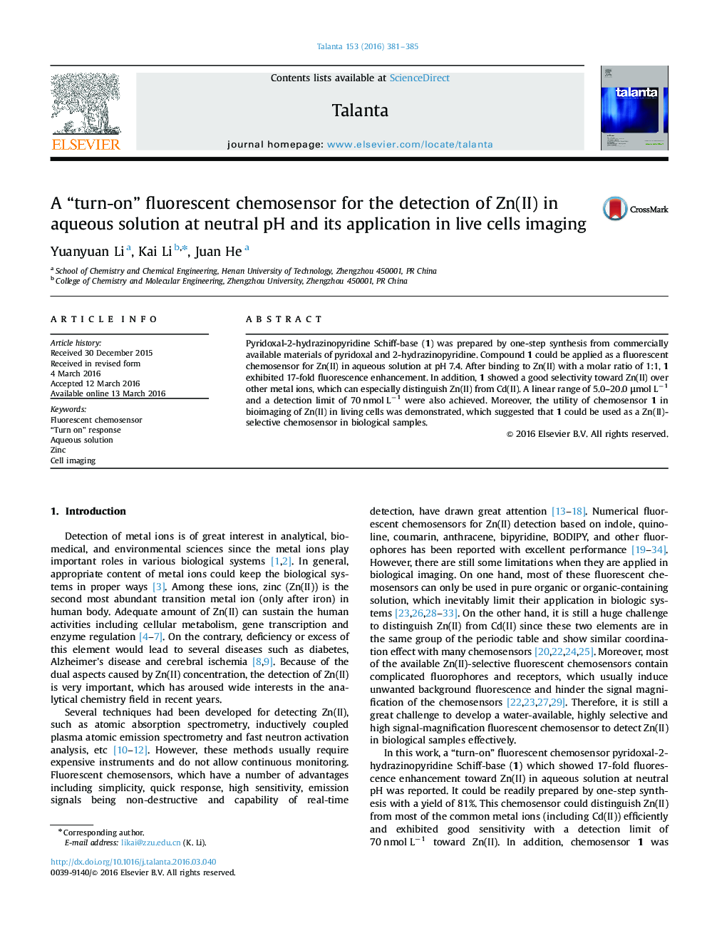 A “turn-on” fluorescent chemosensor for the detection of Zn(II) in aqueous solution at neutral pH and its application in live cells imaging