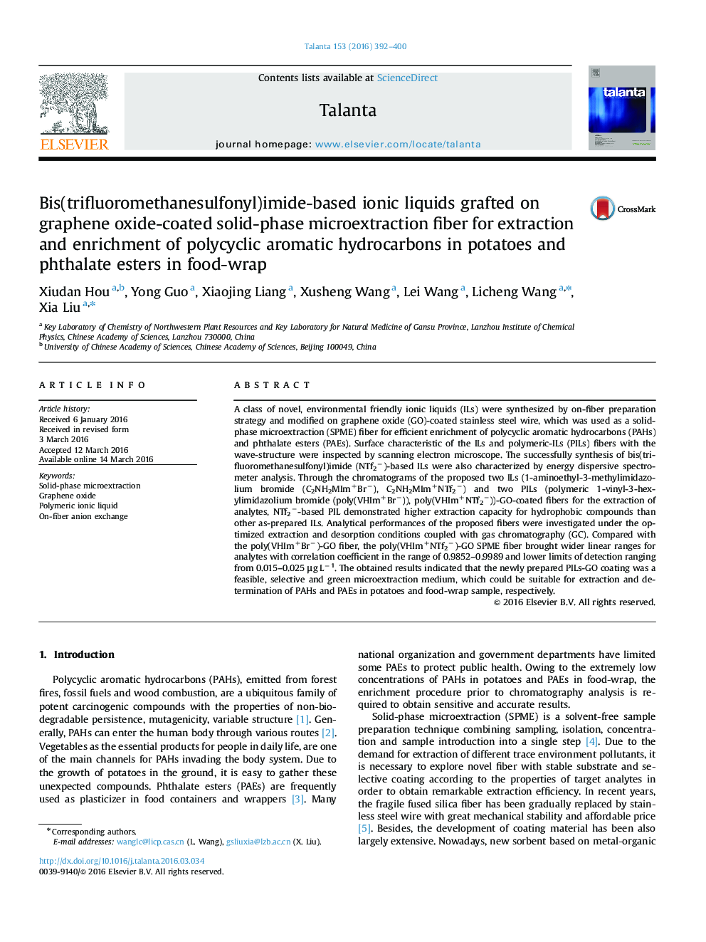 Bis(trifluoromethanesulfonyl)imide-based ionic liquids grafted on graphene oxide-coated solid-phase microextraction fiber for extraction and enrichment of polycyclic aromatic hydrocarbons in potatoes and phthalate esters in food-wrap