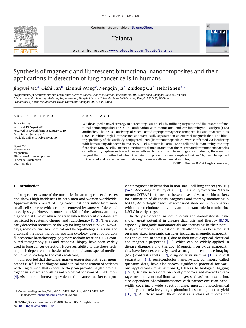 Synthesis of magnetic and fluorescent bifunctional nanocomposites and their applications in detection of lung cancer cells in humans