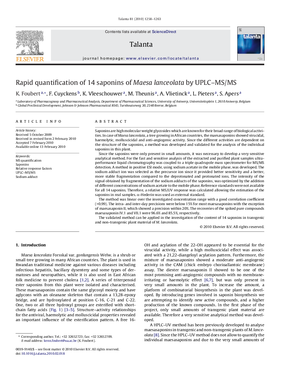 Rapid quantification of 14 saponins of Maesa lanceolata by UPLC–MS/MS