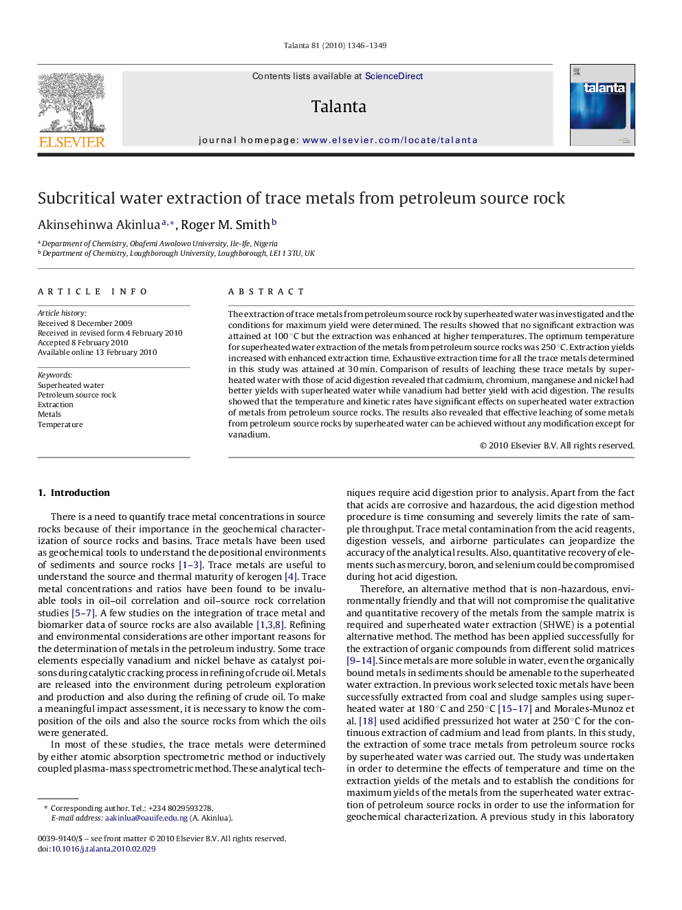 Subcritical water extraction of trace metals from petroleum source rock