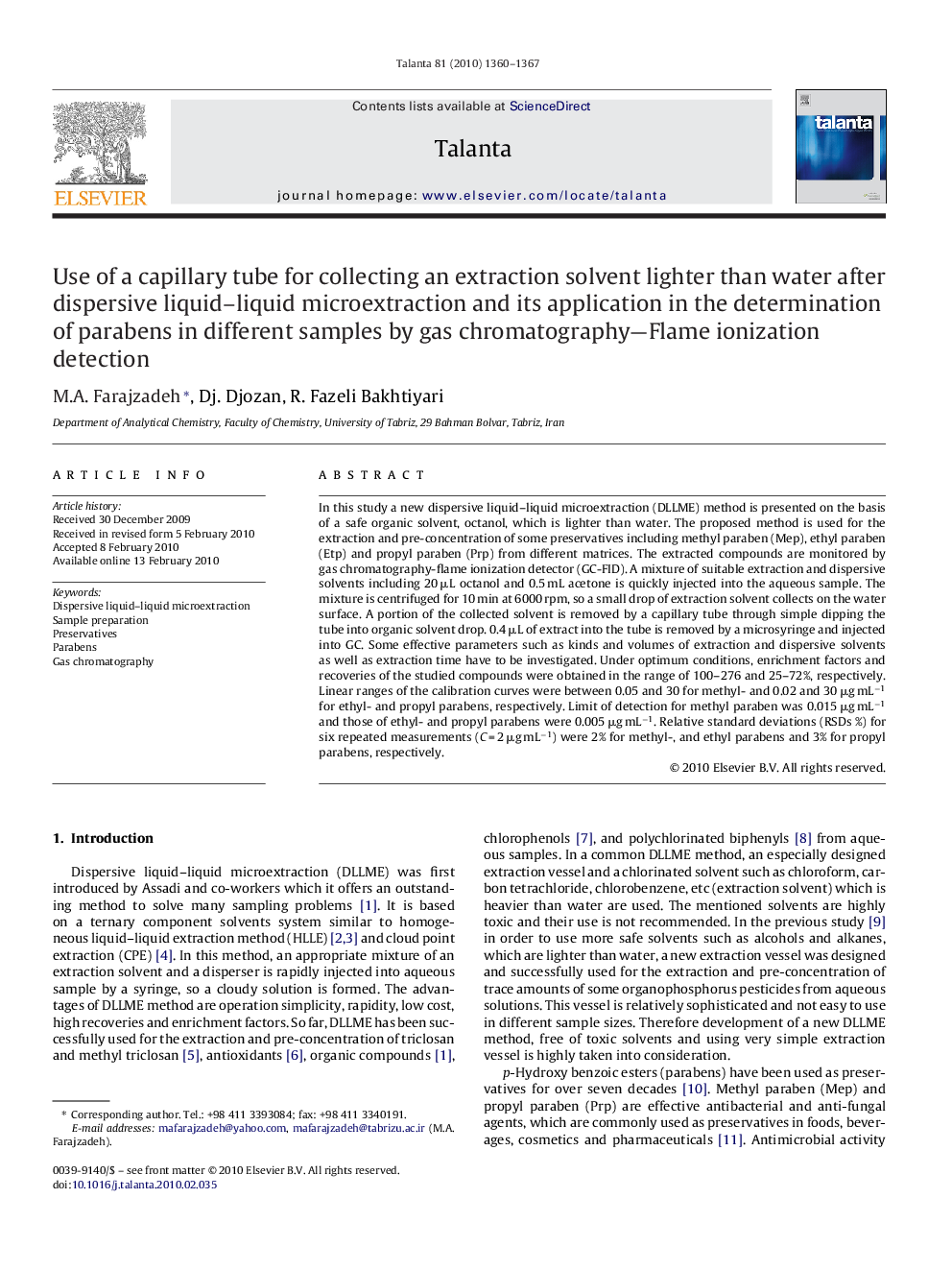 Use of a capillary tube for collecting an extraction solvent lighter than water after dispersive liquid–liquid microextraction and its application in the determination of parabens in different samples by gas chromatography—Flame ionization detection