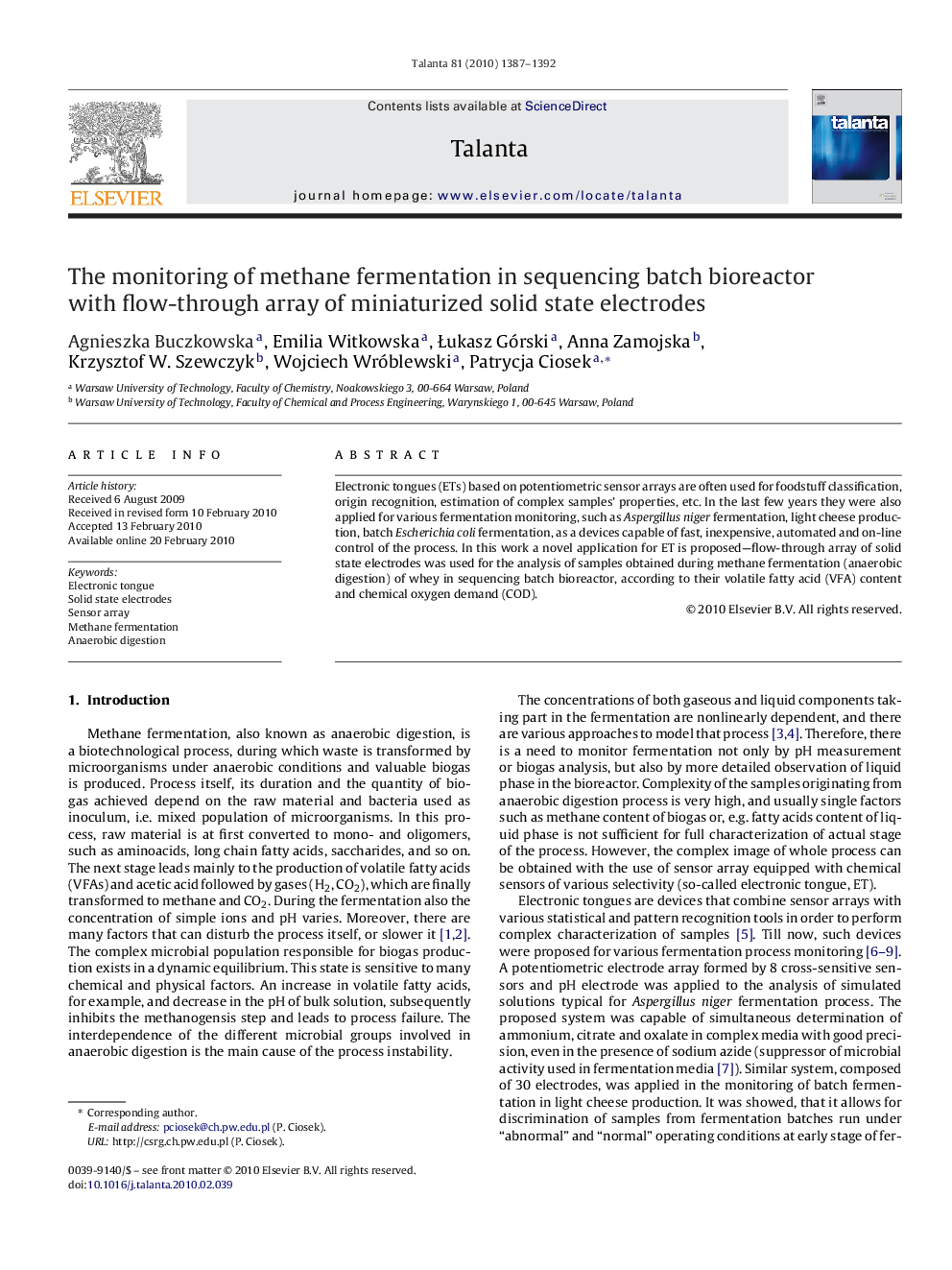 The monitoring of methane fermentation in sequencing batch bioreactor with flow-through array of miniaturized solid state electrodes